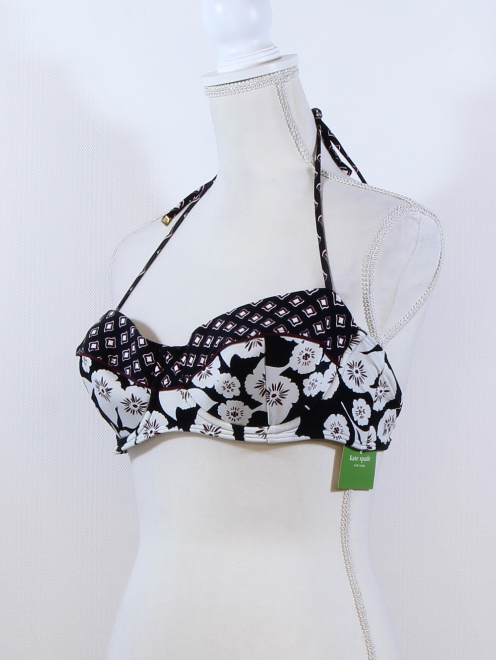 Kate Spade Black & White Floral Halter Bikini Top with Geometric Trim NWT
